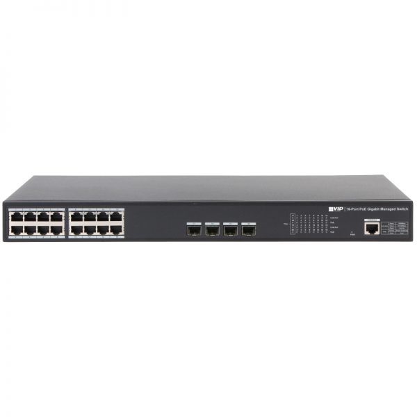 The VSPOE-SWB16G is a 16-port managed Gigabit PoE network switch. Each port on this L2 managed switch is 10/100/1000 Base-T