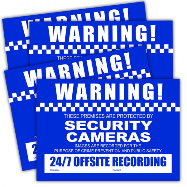 Pack includes 4 A4 sized CCTV Warning Stickers.