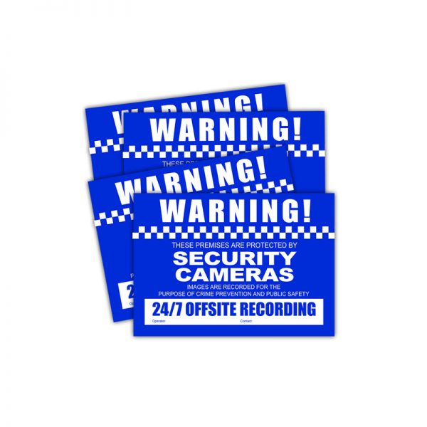 Pack includes 4 small sized CCTV Warning Stickers.