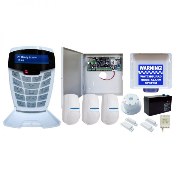 Complete home & commercial alarm system with contact ID protocol dialer for a central monitoring station. It contains a premier Watchguard 8 zone alarm panel and LCD keypad