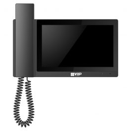 The INTIPMONDBH is a touch screen indoor monitor that integrates into IP video intercom solutions. The monitor communicates with the apartment door station via handset