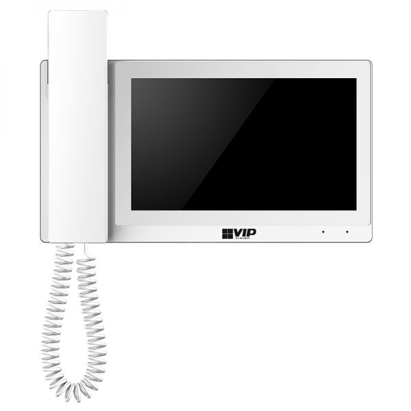 The INTIPMONDWH is a touch screen indoor monitor that integrates into IP video intercom solutions. The monitor communicates with the apartment door station via handset