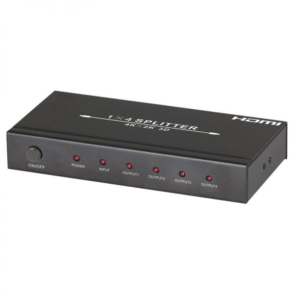 The HDMISPLIT4K distributes one HDMI source to four HDMI displays simultaneously. It is HDMI 1.4 compliant and has full support for 4K and 3D video. Its compact