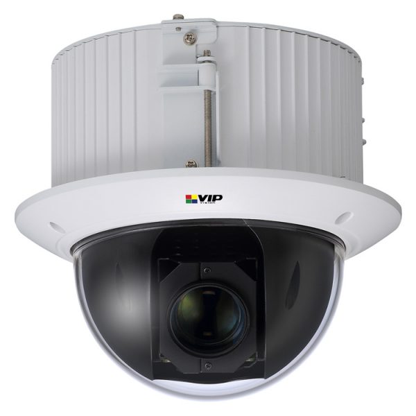 This recessed mount compact PTZ is ideal for in ceiling installation and offers professional features such as edge recording and alarm integration.