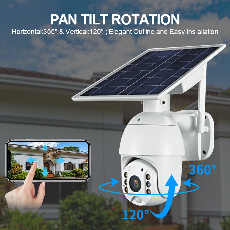 Solar and Battery Powered Security Surveillance Camera PTZ 4G or WiFi camera with 8W solar